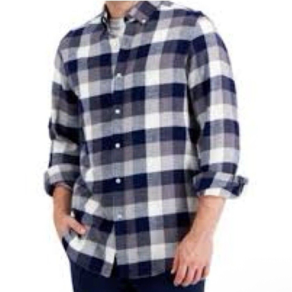 Club Room Flannel Shirt Plaid Button Down Navy Gray Beige Small NWT Long Sleeve